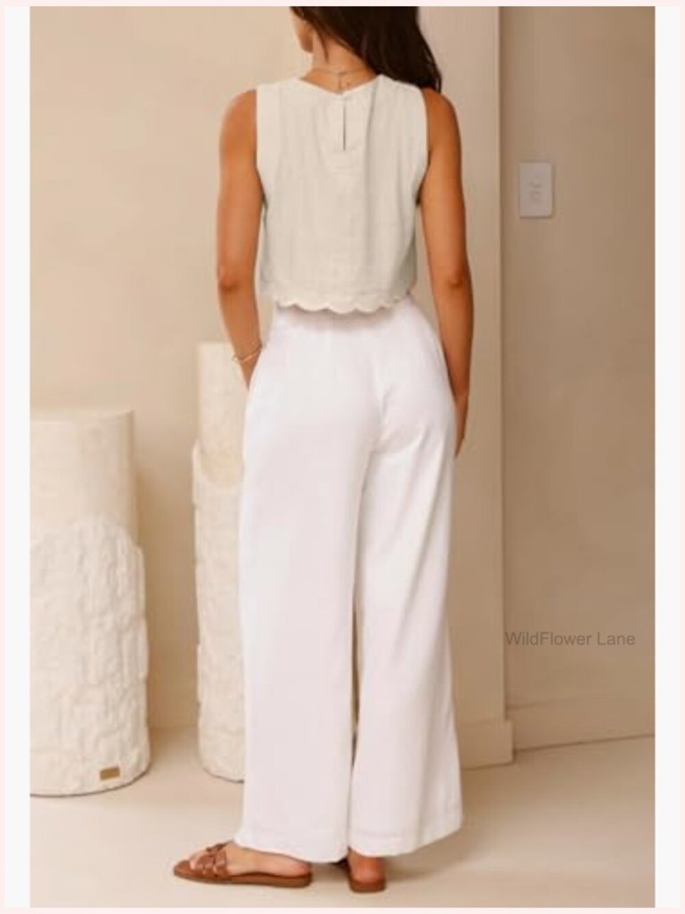 High Neck Linen Cropped Tank Top Scallop Hem Sleeveless Blouse - Picture 6 of 6